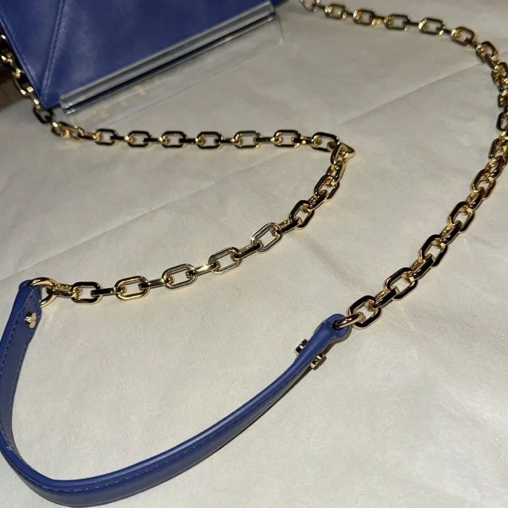 Tory Burch Blue Leather Mini Crossbody with Pink Bow and Gold Chain